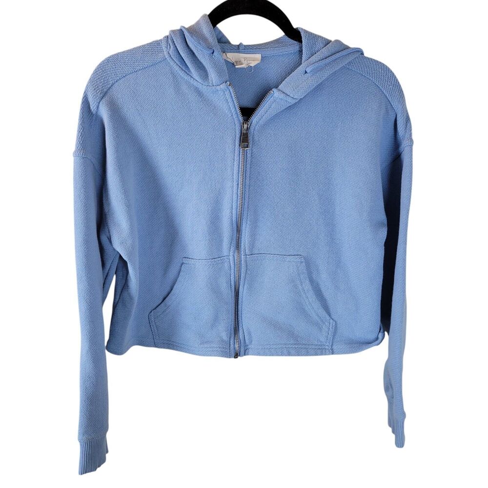 Hippie Rose Womens Sz S Blue Solid Long Sleeve Hooded Full Zip Cropped Jacket